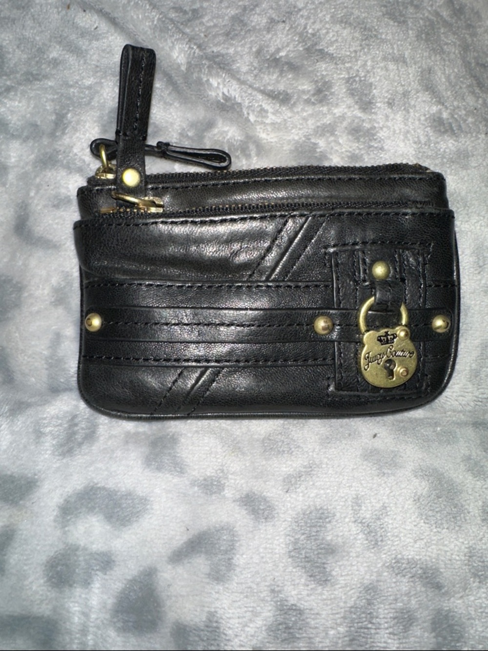 Juicy Couture Black Leather Zip Coin Pouch with Gold Padlock Charm